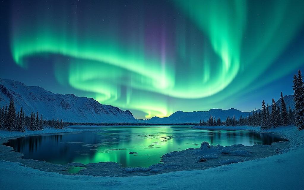 Aurora borealis northern lights dancing over Arctic landscape